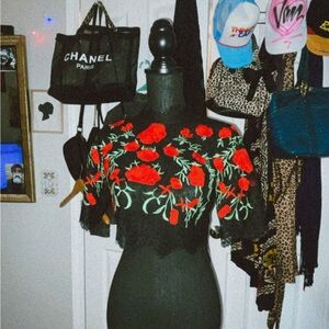 love + harmony womens medium black lace sheer romantic goth red rose crop blouse